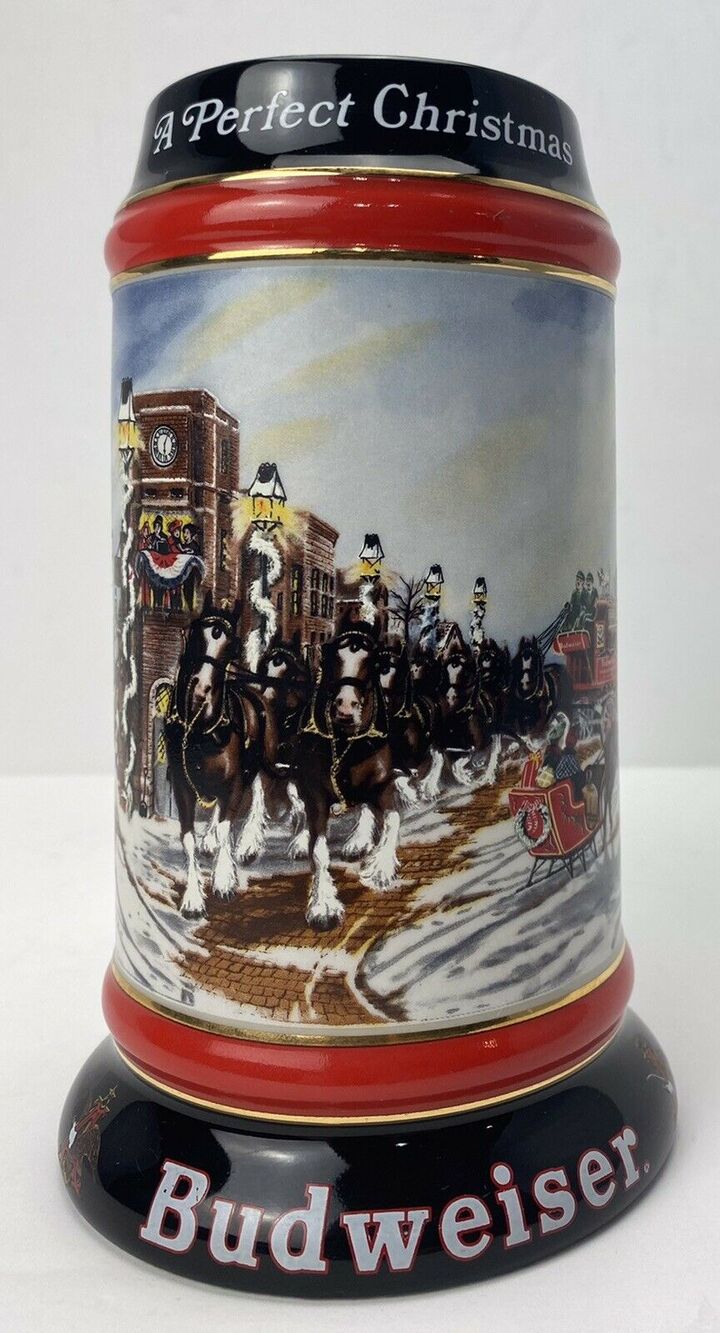 VINTAGE Beer Stein Mug 1992 Budweiser Holiday "A Perfect Christmas" Clydesdales